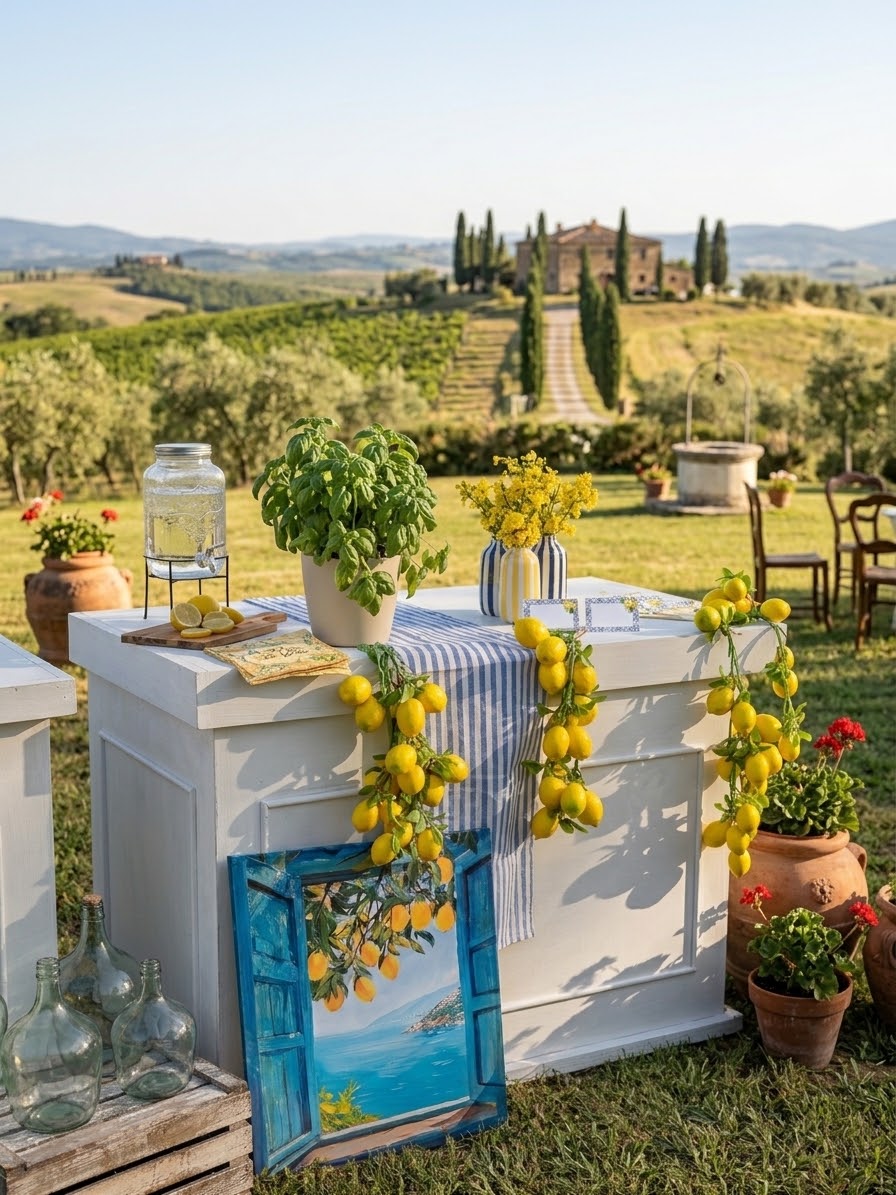 A bar counter with lemons and flowers set up in the garden of a Tuscan villa