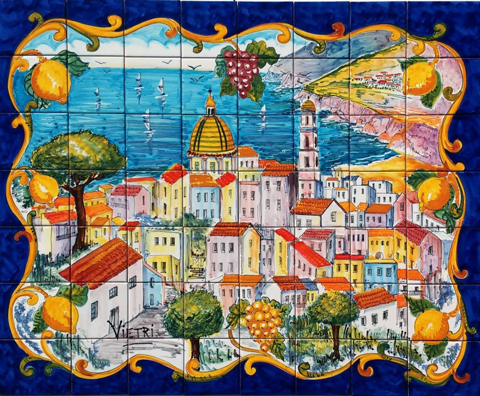Hand-painted Vietri majolica panel with lemons and an Amalfi Coast village