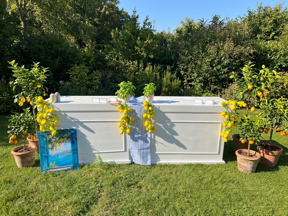 The Mamma Mia Pizza Party bar counter set up on the lawn of a Tuscan villa with lemon trees