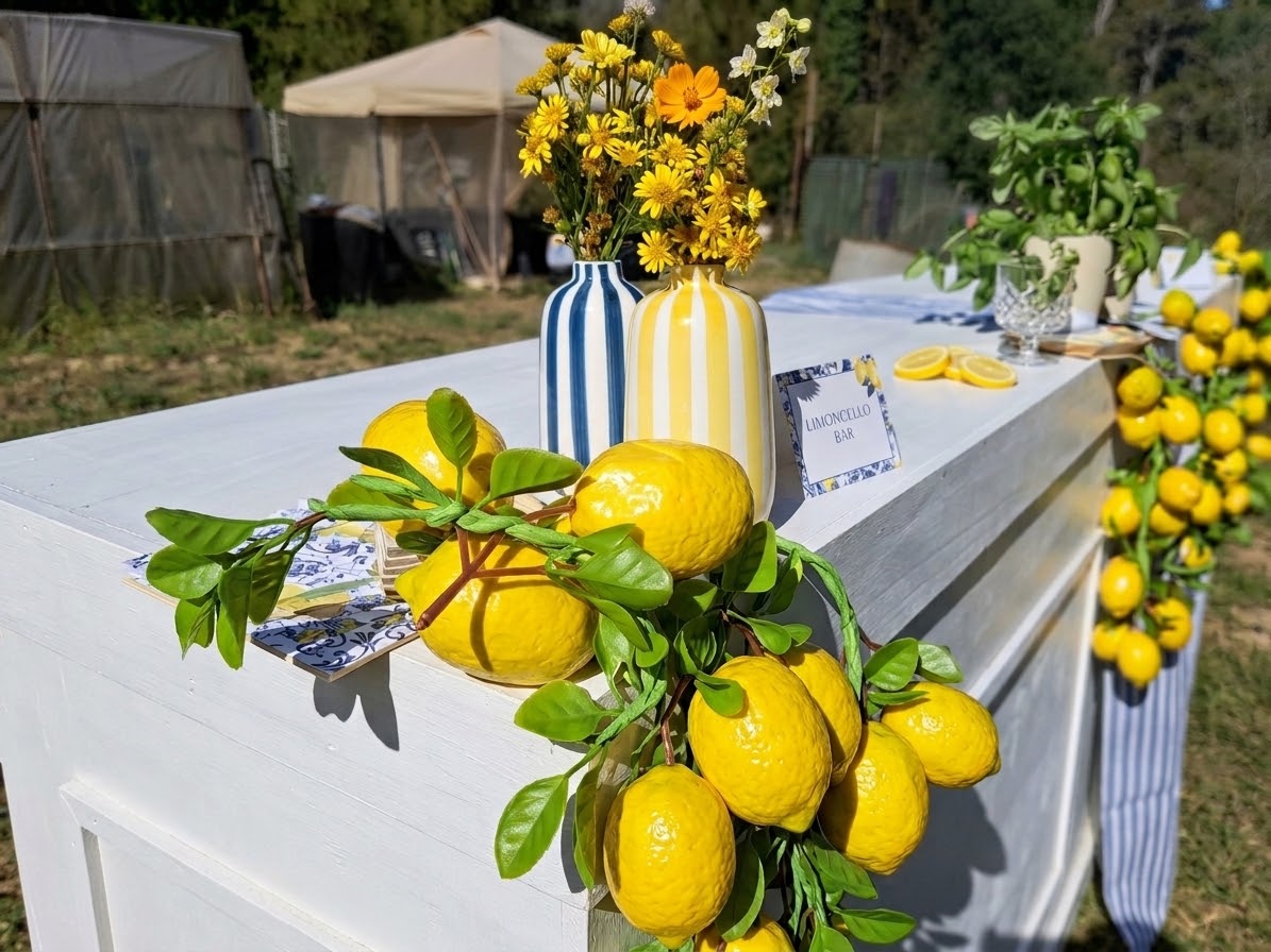 Our bar counter with majolica vases, lemons and a hand-painted Amalfi sign at a villa in Tuscany